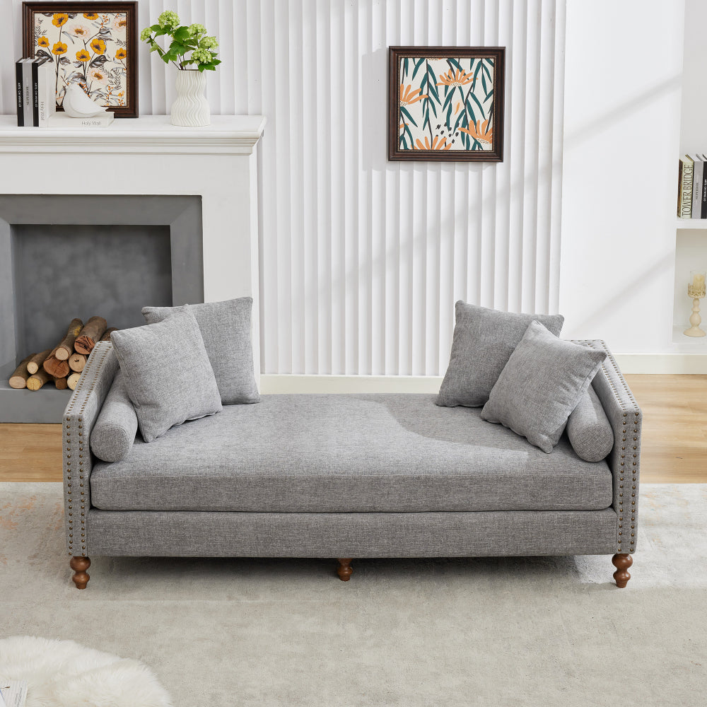 75.2'' Wide Upholstered Chaise Lounge Indoor with Nailheads,Sleeper Sofa Couch With 4 Throw Pillows&2 Bolsters,Daybed with Rubberwood Legs For Living Room,Bedroom, Apartment,Guestroom,Gray Chenille