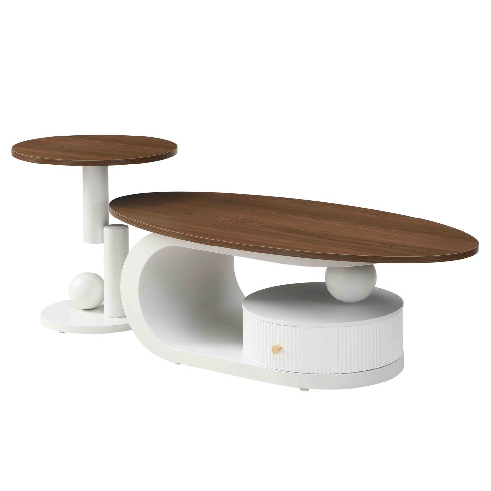 Luxury Nesting Coffee Table Set of 2,  Tables with Storage for Living Room, Oval and Round Table Set, White Center Table, Cocktail Table, Side Table,  Large 47.24'', Small 19.69''