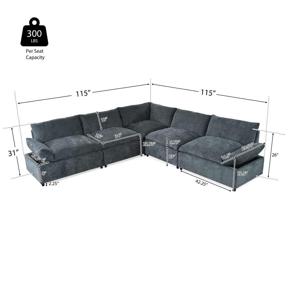 115.5" Modular Deep Gray Sectional Sofa with Durable Polyester Upholstery, Plush Cushions, Hidden Storage Compartments, and Versatile Design for Living Room, Lounge, or Office"
