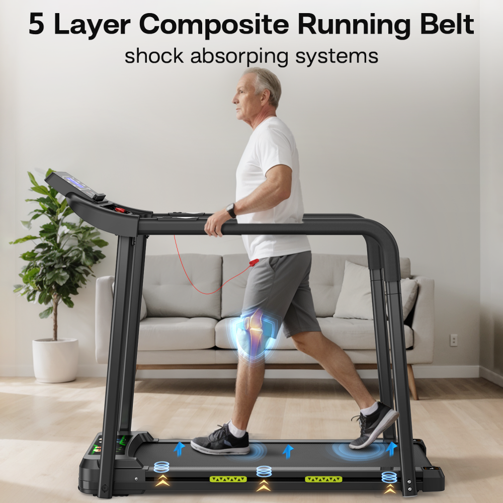 Walking Pad Treadmill for Senior, Foldable Exercise Treadmill with Stable and Safe Structural Design, Large LED Display for Elderly, Long Handrail for Balance, 300 Lbs Capacity