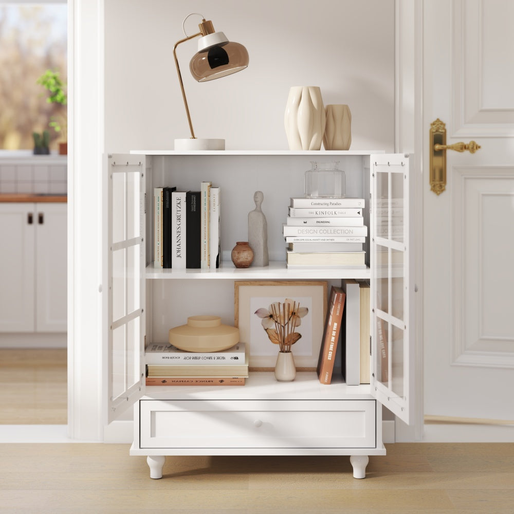 Minimalist White Buffet Cabinet with Double Glass Doors and Drawer, Modern Wooden Storage Sideboard Cupboard for Living room, Dining Room Hallway Entryway