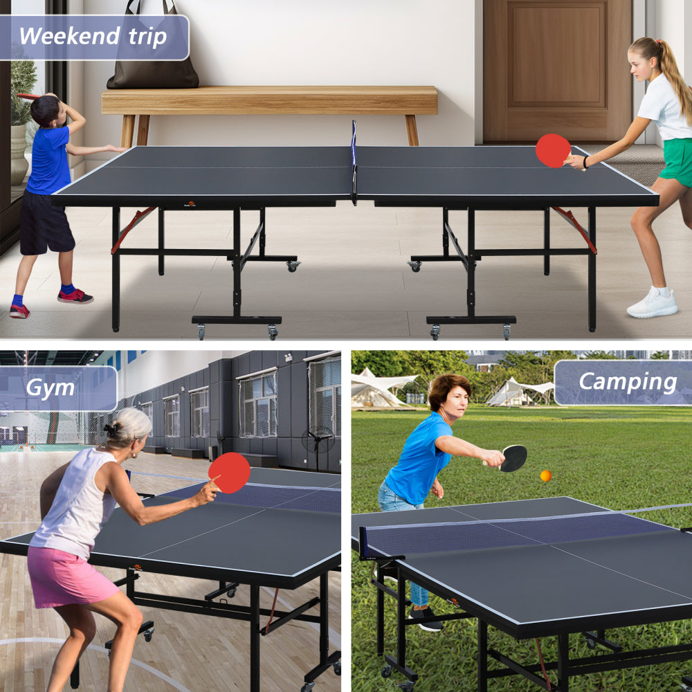 DOUBLE FISH 9 Ft MidSize Table Tennis Table Foldable And Portable Ping Pong Table Set For Indoor Games With Net 2 Table Tennis Paddles And 3 Balls