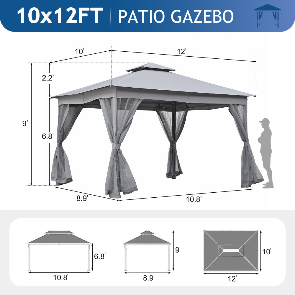 TREXM 10x12 Outdoor Gazebo Tent with Double Roofs, Patio Gazebo with Mosquito Netting, Patio Canopy for Backyard, Garden, Lawn and Deck (Grey)