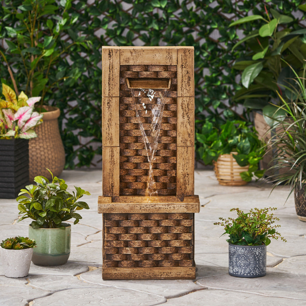 35.25" High Hand Crafted Weather Resistant Floor Fountain with Light, Light Brown