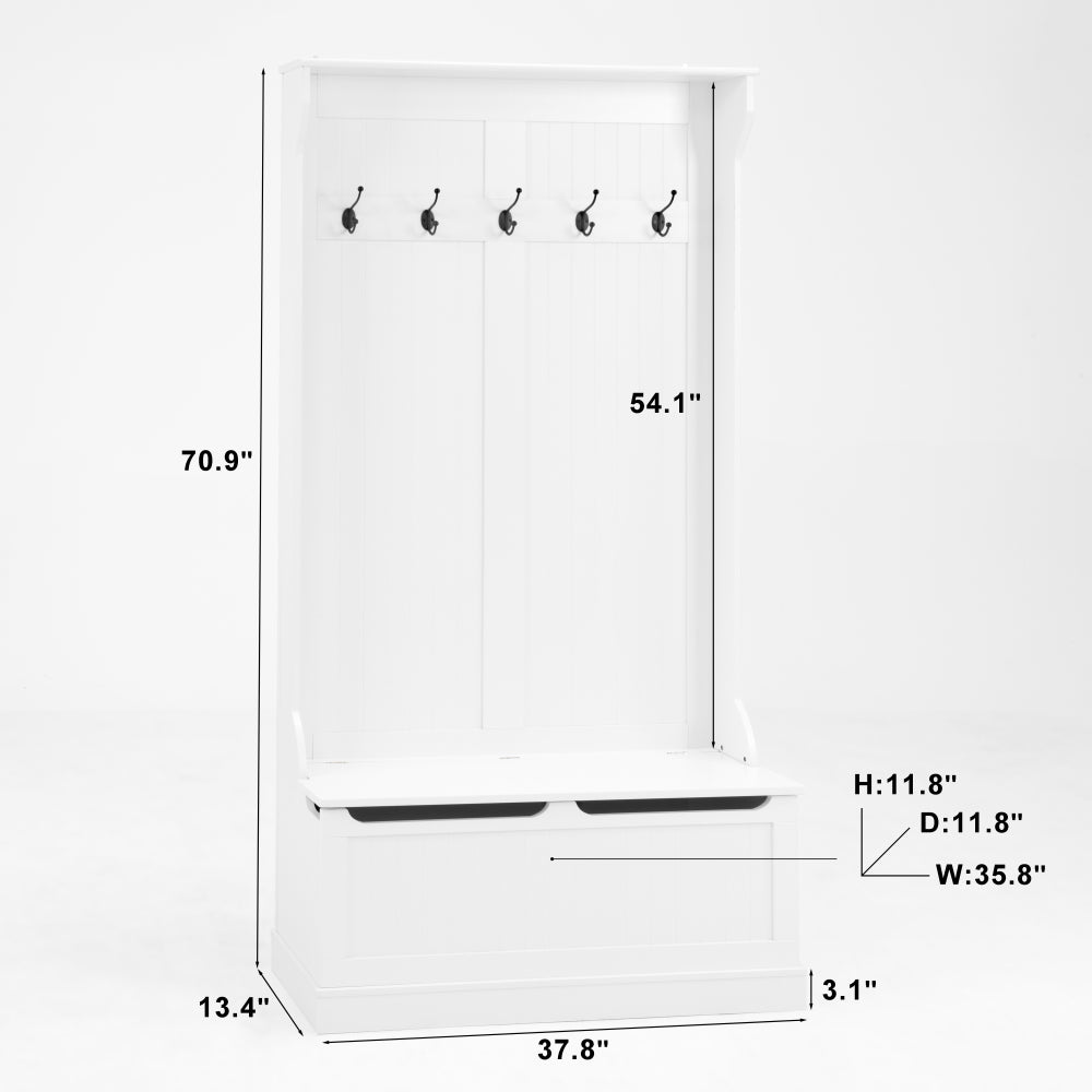 Entryway Bench with Standing Coat Rack, Hall Tree with Shoe Storage Bench, Entryway Organizer with 5 Hooks, White