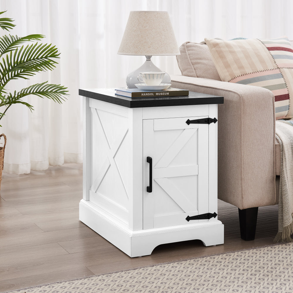 Farmhouse end table Nightstand Rectangular Farmhouse End Table with Barn Door and Adjustable Storage Shelf, Rustic Sofa Side Table for Living Room, Bedroom, OAK
