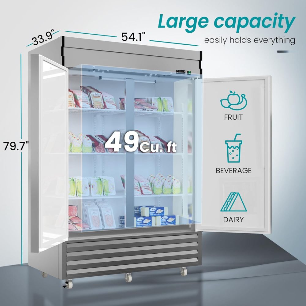2 Door 49 Cu.Ft Commercial Refrigerator Dynamic Cooling OmniSmart Temperature Control 33℉~41℉ Stainless Steel Reach In 6 Shelves 54" W Commercial Refrigerator LED Light Digital Thermostat