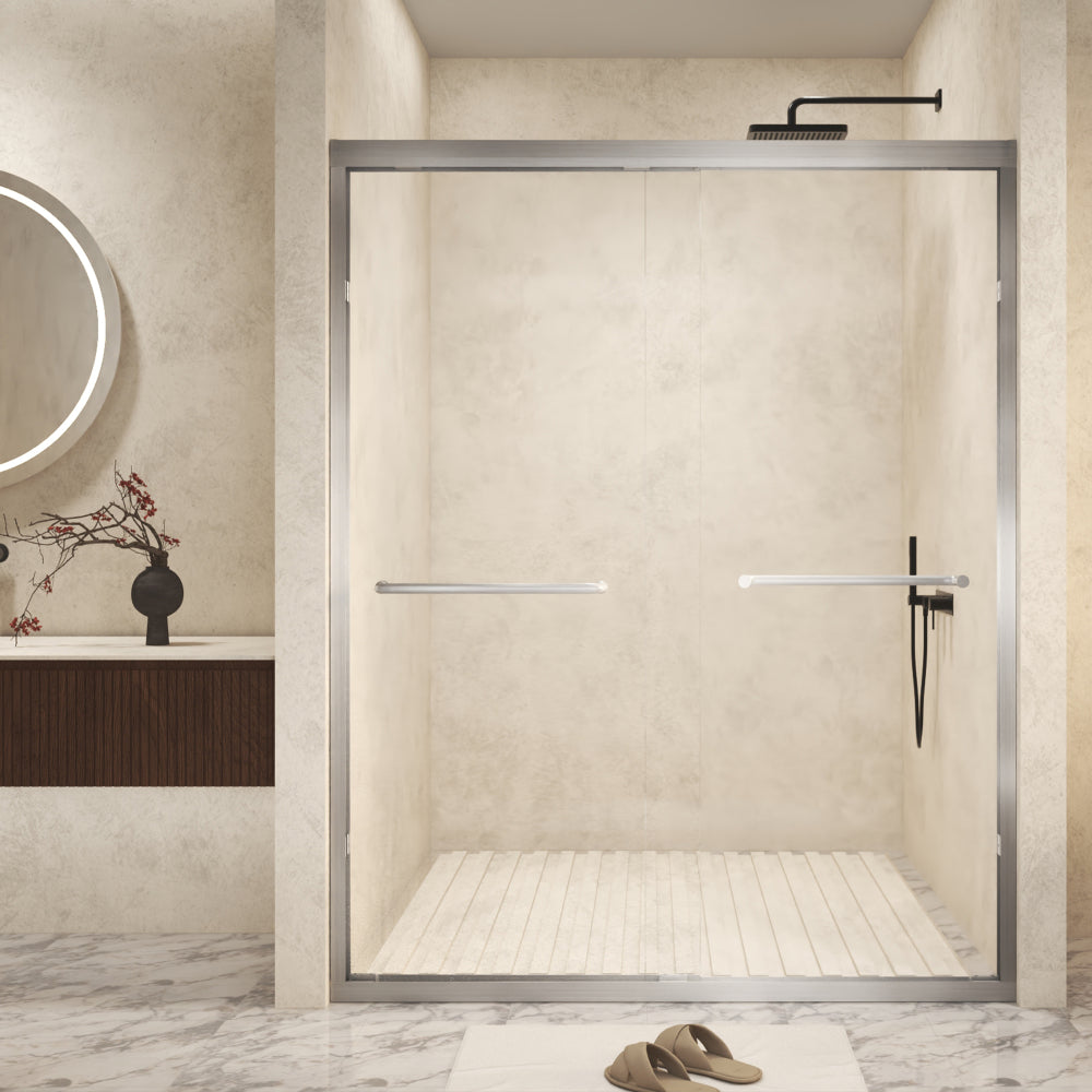 44-48" x 72" Tempered Glass with Explosion Proof Film, Aluminum Frame Double Sliding Shower Door, "1/4 (6 mm), Stainless Steel handle,Brushed Nickel