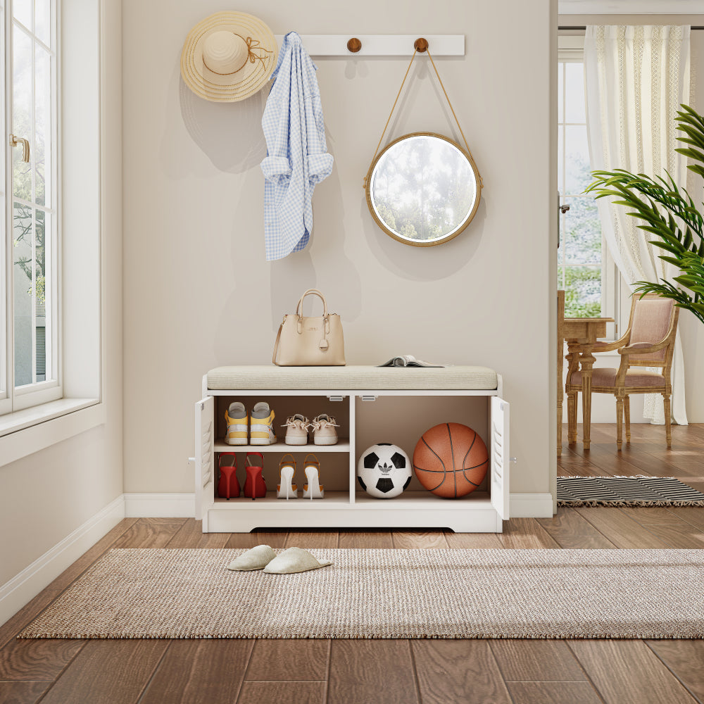 28.74"Shoe Storage Bench with 2 Door Cabinet, Entryway Bench with  White Shoe Storage, Shoe Bench with Cushion, Adjustable Shelves, Shoe Rack Bench for Entryway, Hallway