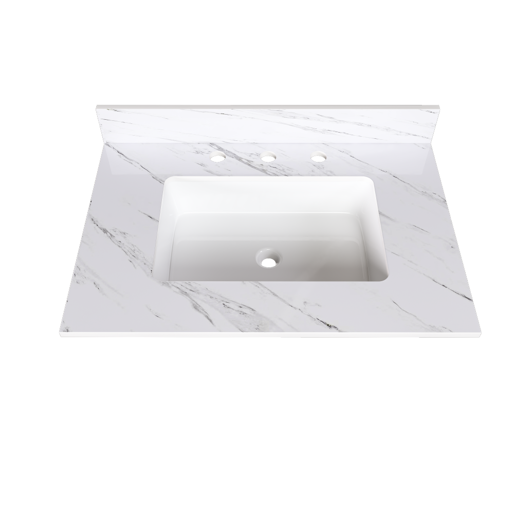 31 Inch Marble Vanity Top, White Vanity Top with Pre-drilled Faucet Holes, Bathroom Vanity Top with Undermount Rectangular Middle Sink and 4" Height Backsplash,  Bianco Carrara Venato