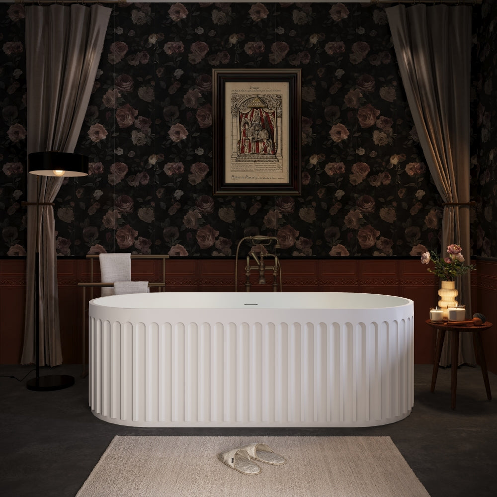 67" Freestanding Solid Surface Bathtub, Luxury Engineered Stone Resin Freestanding Soaking Bathtub with Overflow and Pop-up Drain cUPC Certified, Matte White 23S13-67