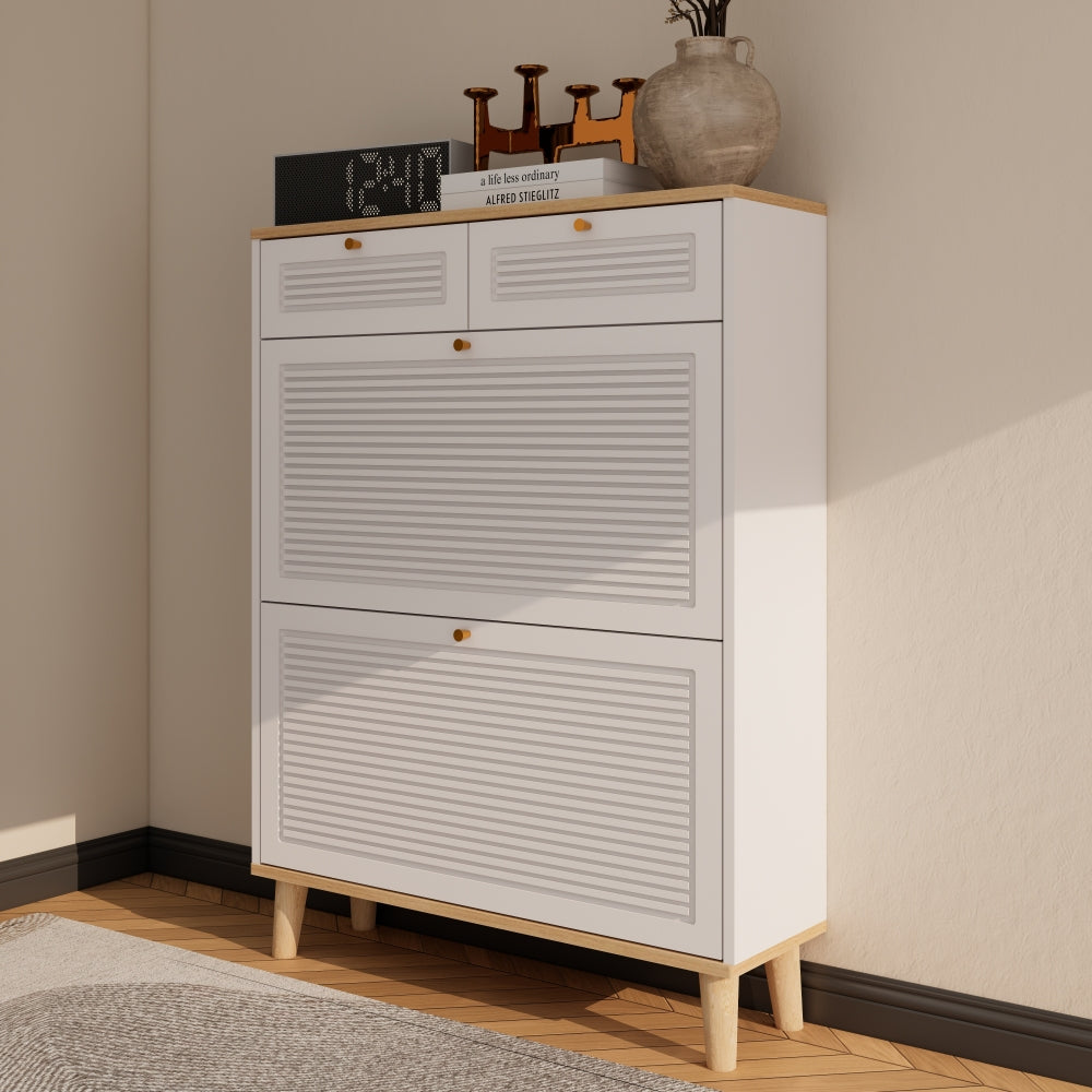 Shoe cabinet with 2 flip-up doors and 2 drawers,narrow shoe rack cabinet,freestanding shoe organizer,shoe organizer for entryway,with natural wood legs(white natural)