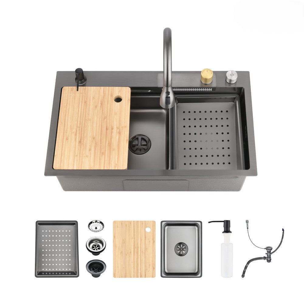 Stainless Steel Kitchen Sink, 33″x22″ Single Bowl, Overmount Handmade Sink in Brushed, with Cutting Board, Colander, SS-BR01D-332208