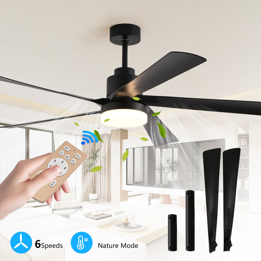 65 Inch Black Ceiling Fan with Light, 5-Blade Dimmable LED Ceiling Fan with Remote Control, Modern Quiet Design for Living Room and Bedroom (Silent/6-Speed/Reversible/DC Motor)