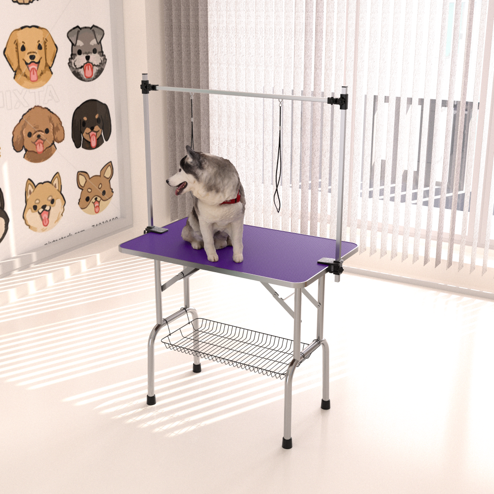 42" Folding Dog Pet Grooming Table Stainless Steel Frame Rubber Mat on Board with Adjustable Arm and Clamps pet dog Cat Grooming Table (PURPLE COLOR)