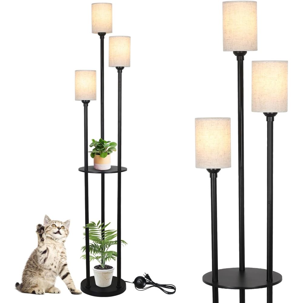 Floor Lamp with Shelves, Modern Floor Lamps for Living Room, 3-Lights Standing Lamp with Linen Shade and Foot Switch, Industrial Standing Lamps for Bedroom, Black Tall Table Lamp for Office