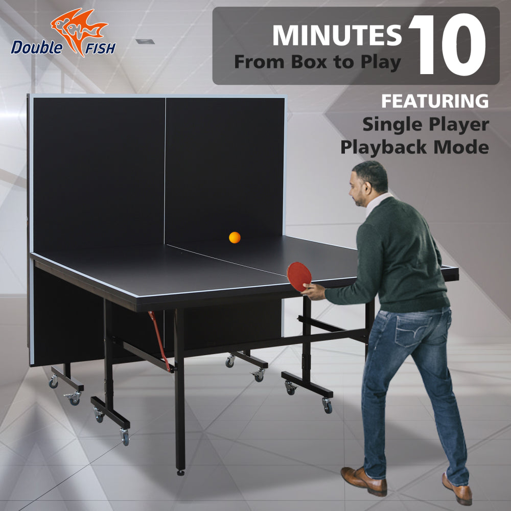 DOUBLE FISH 9 Ft MidSize Table Tennis Table Foldable And Portable Ping Pong Table Set For Indoor Games With Net 2 Table Tennis Paddles And 3 Balls