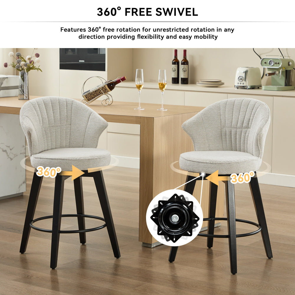 008-Wing Back Swivel Bar Stools Set of 2 - 25" Counter Height Adjustable Stools with Solid Wood Legs & Chenille Upholstery, Leveling Feet for Kitchen Island, Home Pub or Dining Room, White