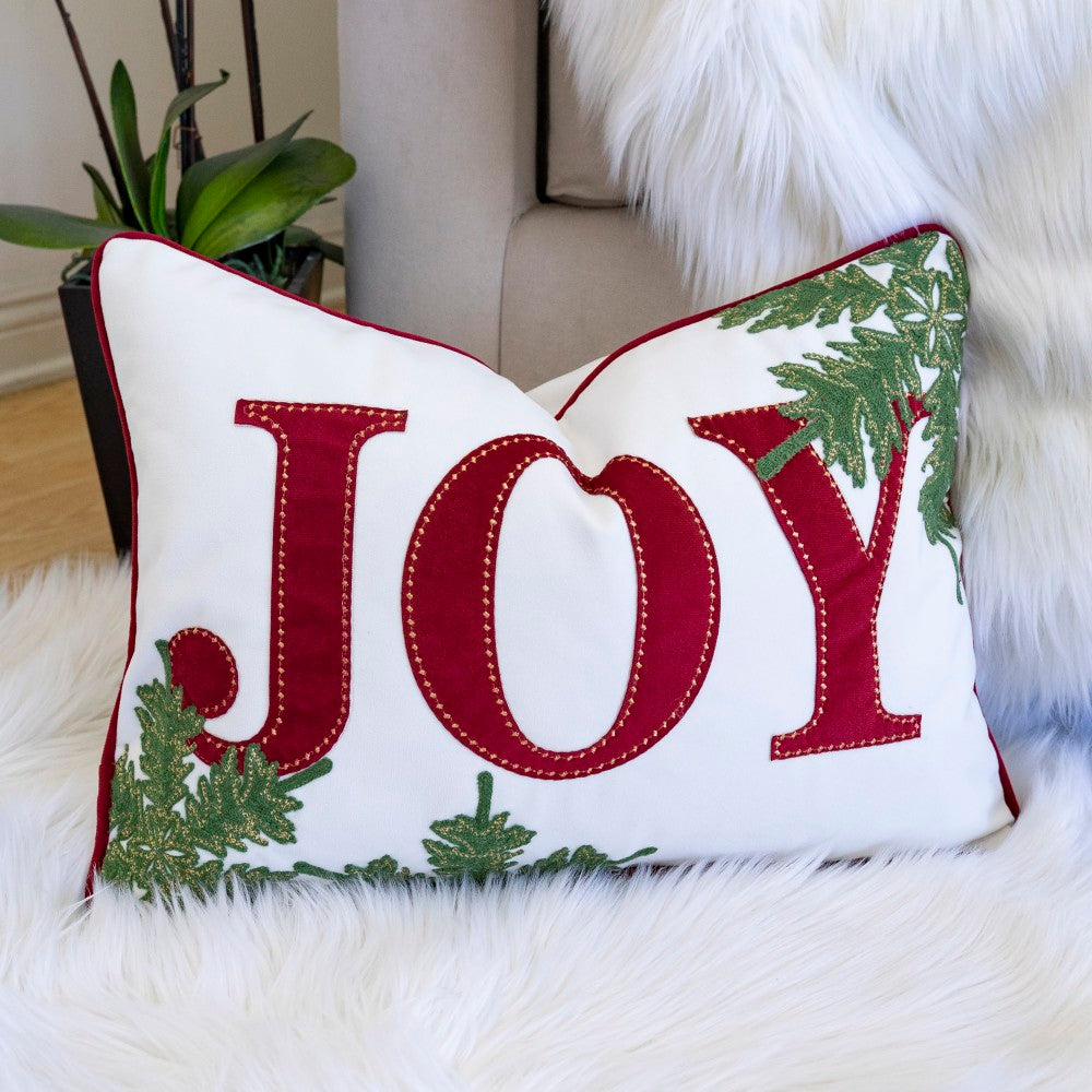 JOY Embroidered Christmas Throw Pillow – 14x20" Velvet Lumbar Cushion in Red and White with Green Holiday Accents