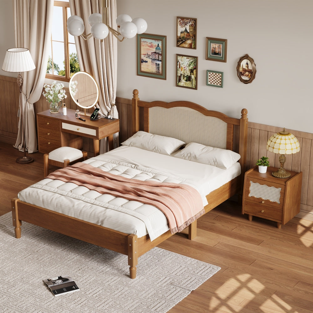 3 Pieces Bedroom Set with Queen Size Wooden Bed Frame, 1 Vintage  Nightstand and 1 Makeup Vanity Set with Stool,Black