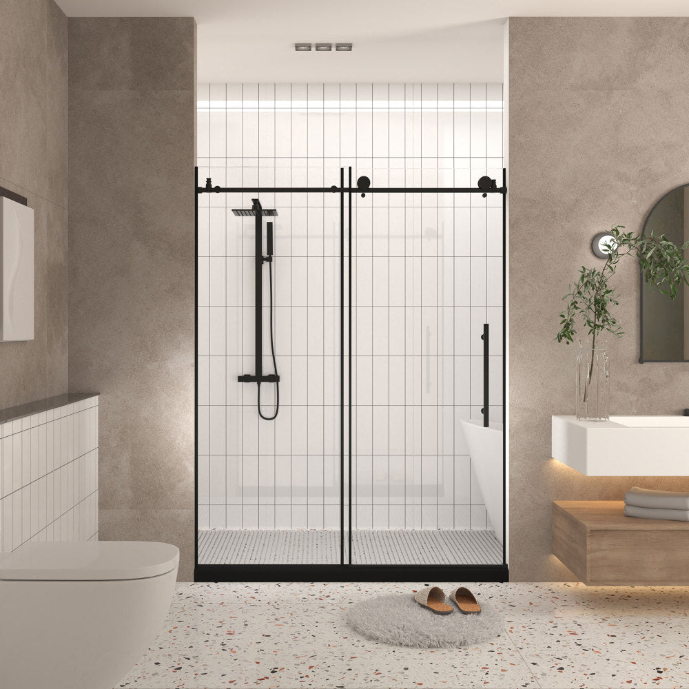 Frameless shower door 56-60 "W x 76" H, 1/4 "(6 mm) Clear Tempered Glass, Explosion Proof Film, Stainless Steel Handle, Matte Black