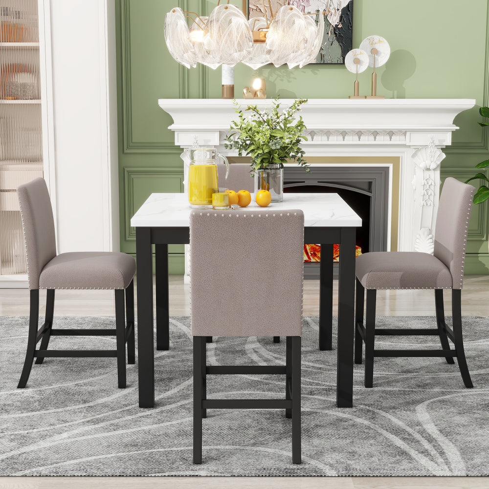 5-piece Counter Height Dining Table Set with One Faux Marble Top Dining Table and Four Velvet-Upholstered Chairs,Brown