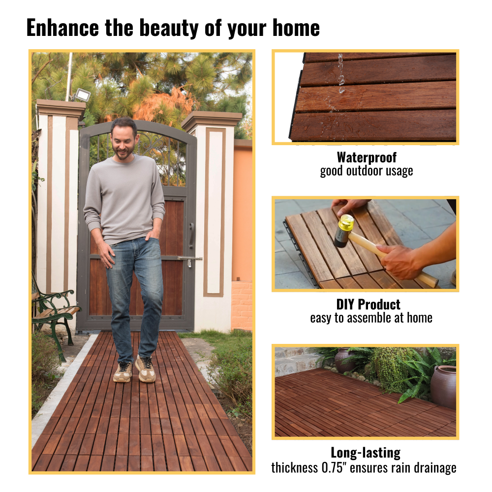 10 PCS Interlocking Deck Tiles Striped Pattern, 12" x 12" Square Acacia Hardwood Outdoor Flooring for Patio, Bancony, Pool Side,...