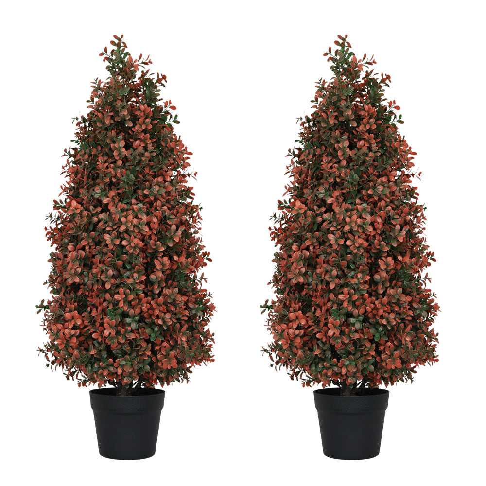 90cm Artificial Boxwood Topiary Tree for Outdoor Porch and Patio Decoration, Red , 2pcs/set