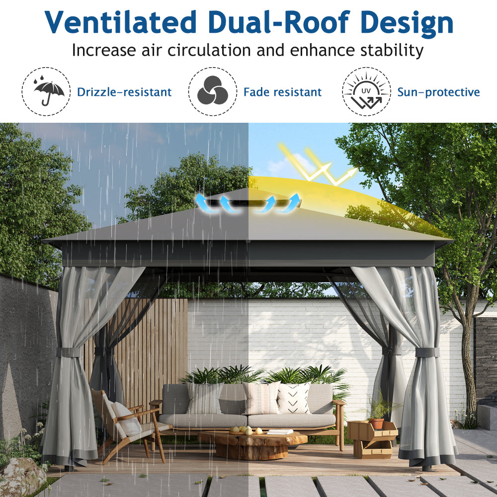 TREXM 10x12 Outdoor Gazebo Tent with Double Roofs, Patio Gazebo with Mosquito Netting, Patio Canopy for Backyard, Garden, Lawn and Deck (Grey)