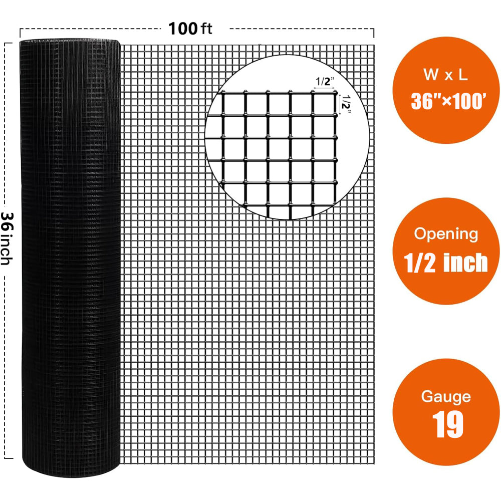 36 inch×100 ft Black Vinyl Coated Hardware Cloth, 19 Gauge 1/2 inch Black PVC Hardware Cloth, Black Welded Wire Fence Supports Poultry-Netting Cage-Home Improvement and Chicken Coop