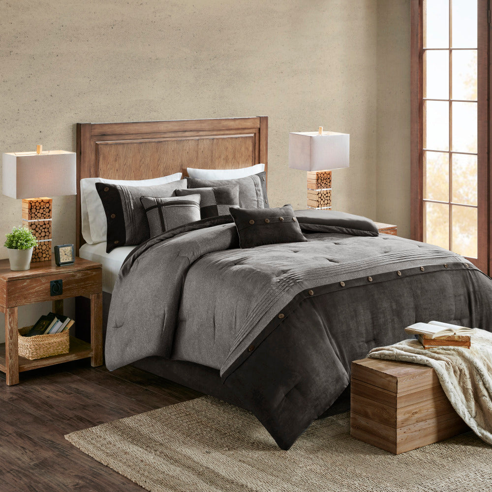 7 Piece Faux Suede Comforter Set Grey King