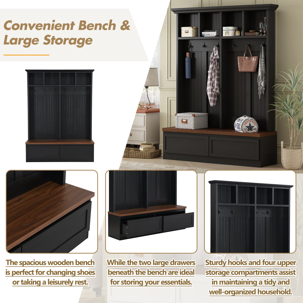 [Assembly Video] Farmhouse  4-in-1 Hall Tree with Wood Grain Bench, Mudroom Versatile Coat Rack with 2 Large Drawer, Large Entrance Organizer with 6 Black Hooks for Hallway, Living Room, Black, 55.9"W