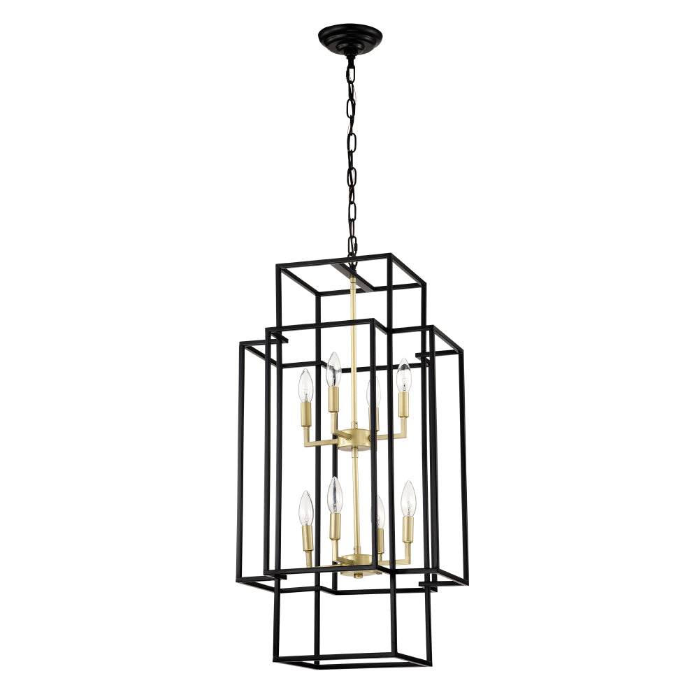 8-Light Metal Lantern Tiered Pendant Hanging Light Fixtures, Industrial Farmhouse Adjustable Height  Chandeliers for Dining Room Hallway Foyer Entryway--Matte Black & Gold(E12 Bulbs Not Included)