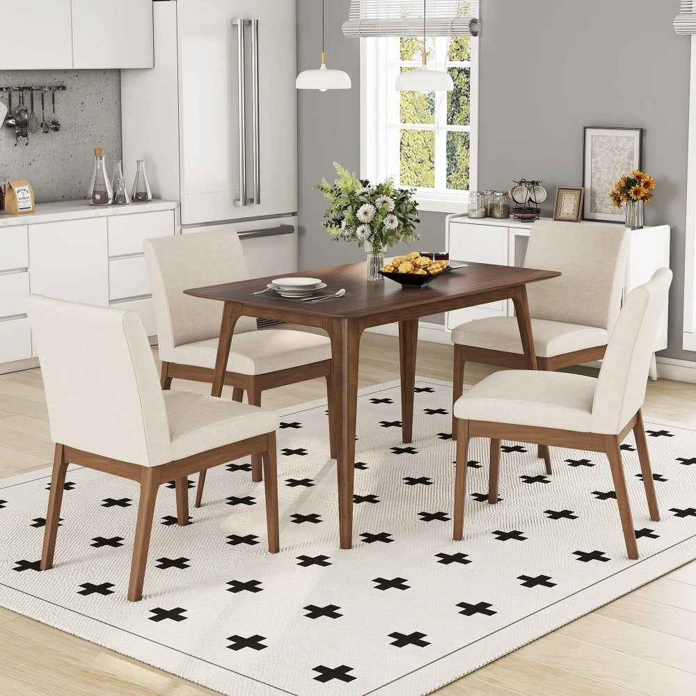 5-Piece Dining Table Set with One Solid Wood Frame Table and 4 Upholstered Chairs for Dining Room (Walnut+Light beige)