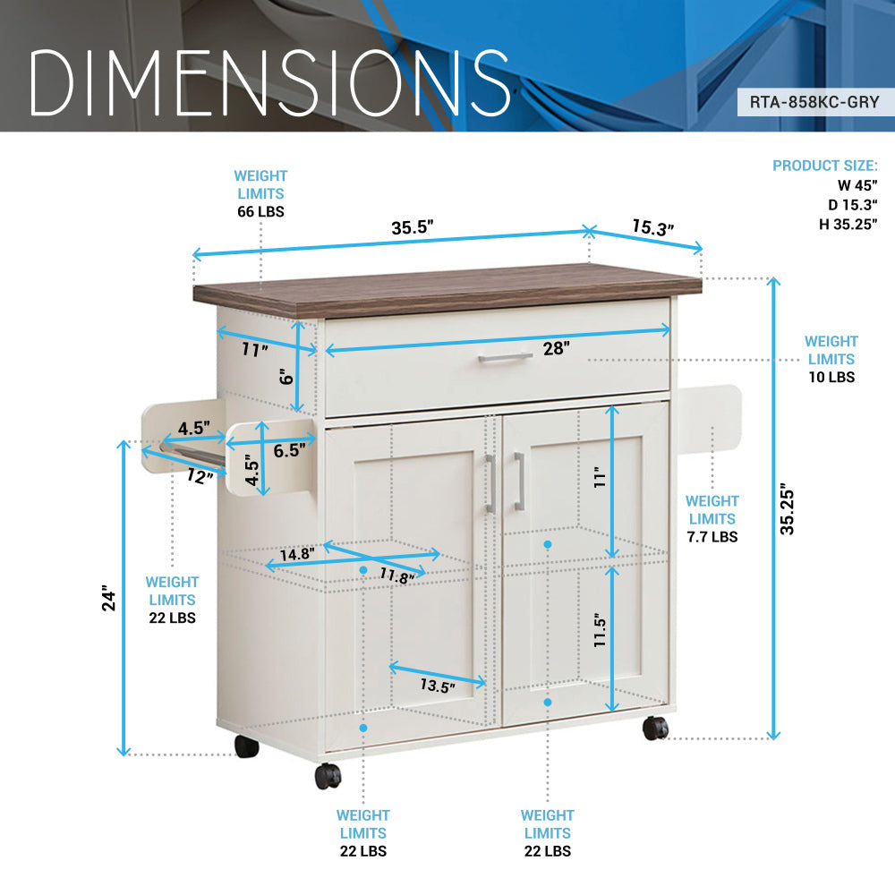 Techni Home Deluxe Mobile Kitchen Island Cart with Water Resistant Top, Storage Cabinets with Adjustable Shelves, and Towel & Spice Rack