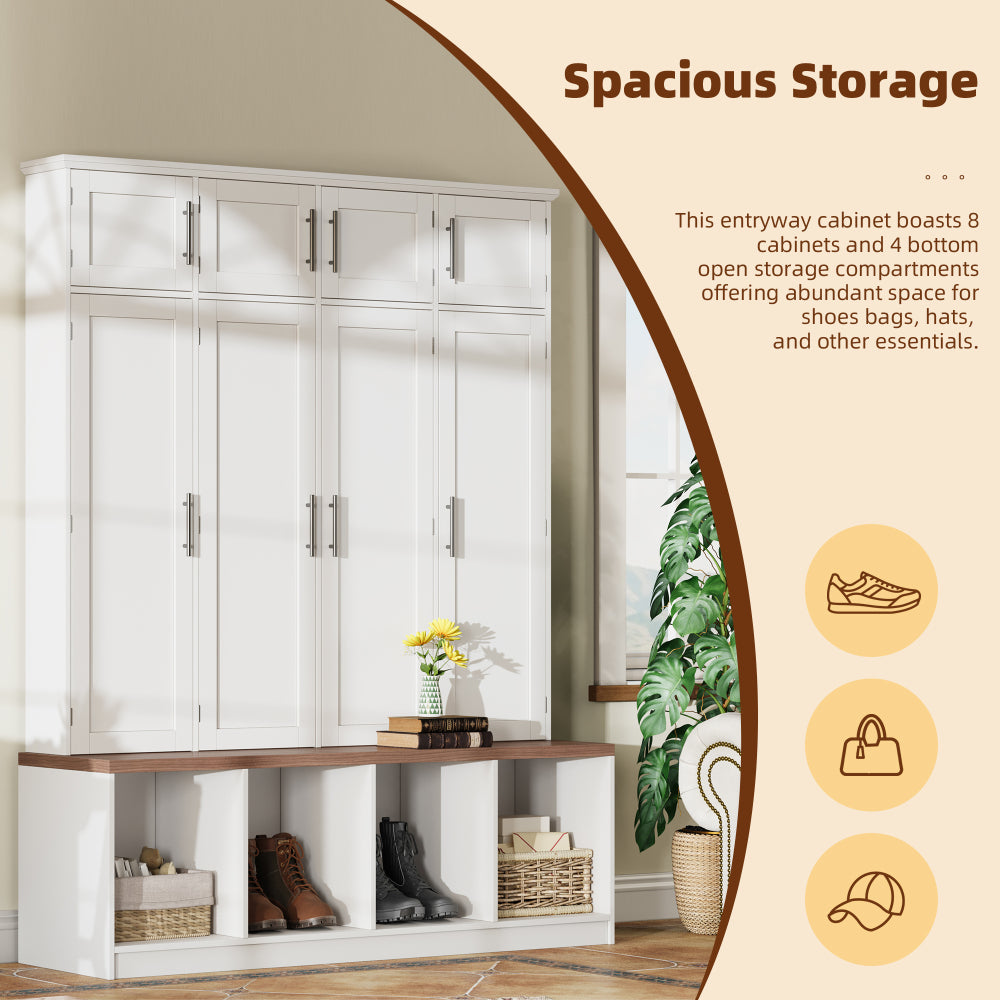 [Assembly Video Provided] ON-TREND Farmhouse Hall Tree with 4 Hidden Hanging Hooks, Versatile Walnut Seating Bench with 8 Doors, Entryway Shoe Cabinet with Open Compartments for Living Room,  White