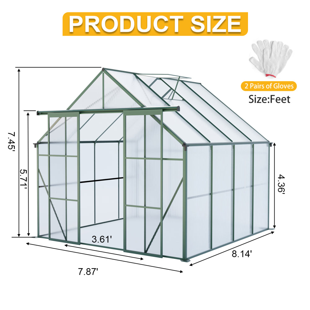 8x8 FT Double Door Polycarbonate Greenhouse Raised Base and Anchor Aluminum Heavy Duty Walk-in Greenhouses for Outdoor Backyard in All Season,Green