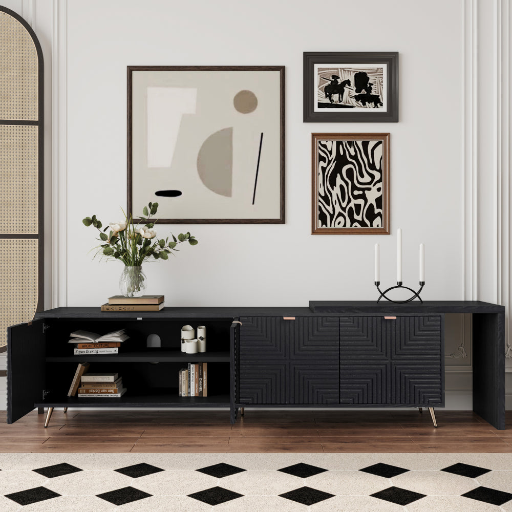 70"-90" Extendable TV Cabinet, Modern Entertainment Center with Storage and Adjustable Shelves, Lacquered and Real Wood Veneered TV Console for Living Room, Hallway, Entryway, Black