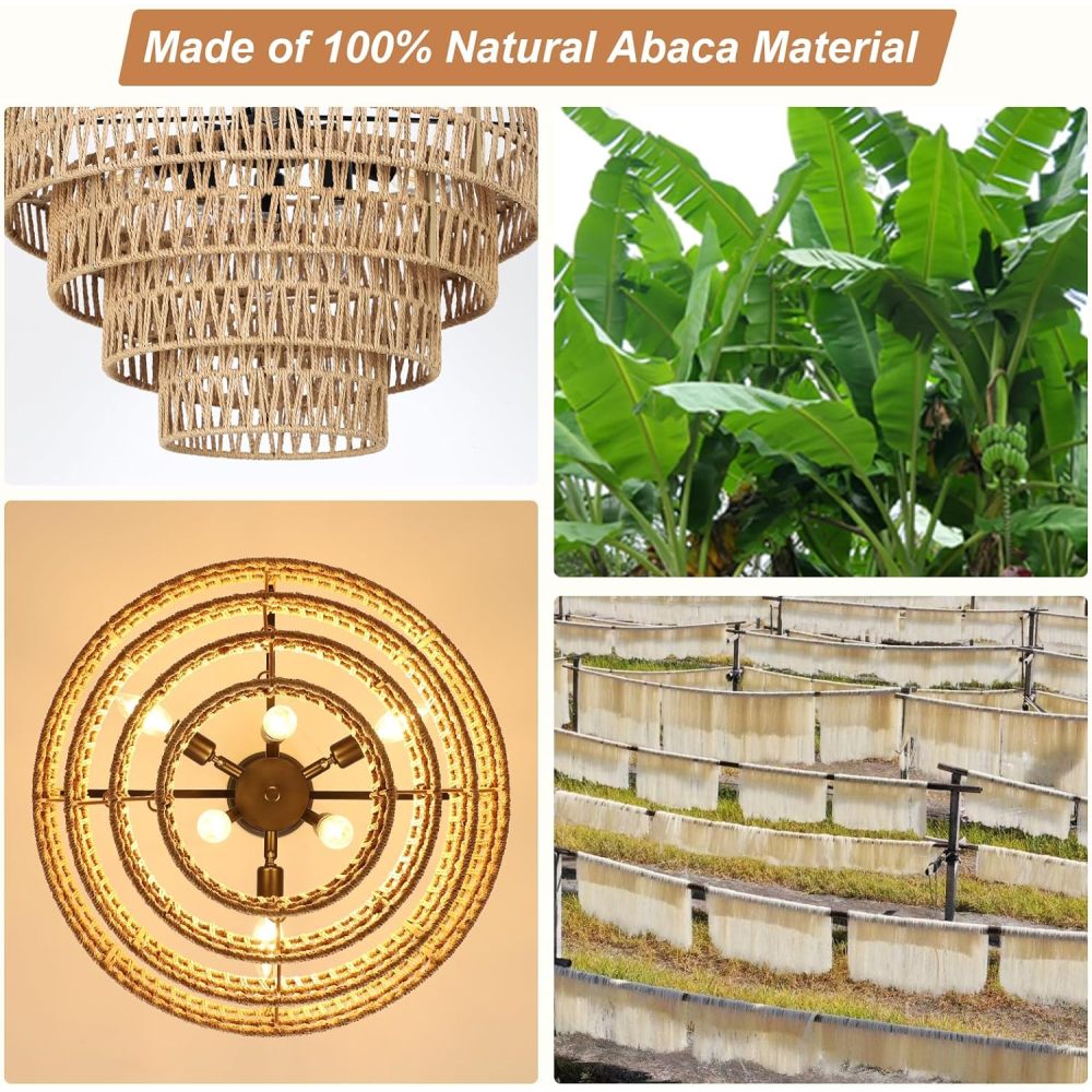 Boho Rattan Chandelier, 6-Light Dining Room Light Fixture, Wicker Pendant Lighting with 4-Tier Woven Lampshade, Large Farmhouse Chandeliers for Dining Room Bedroom Kitchen Living Room(20")
