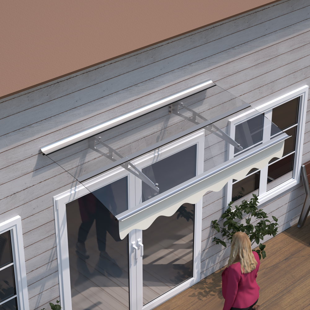 5934W Series Door Window Awning Canopy W59"xD34" Made of 0.137Inch /3.5mm Thick Virtually Crystal Solid Polycarbonate Sheet with Polyester Valance for Wooden House.