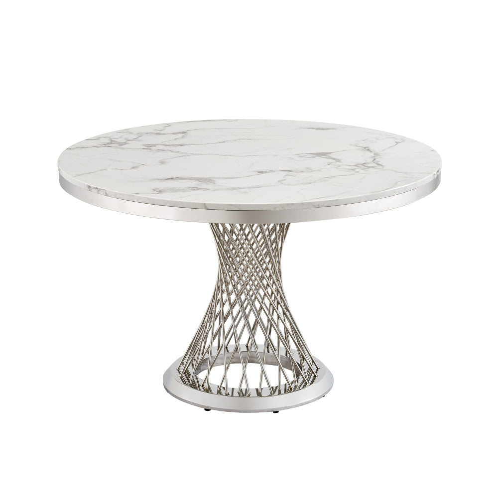 47" Round Marble Dining Table, Modern Kitchen Table with High Gloss Faux Marble Tabletop and Stainless Steel Base for Dining Room, Kitchen (Sliver,White)(Only a table)