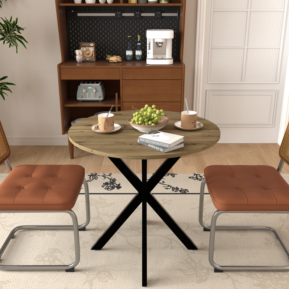 31.5 Inch Round Dining Table, Small Circle Kitchen Table with Metal Black Legs for 2-4 people,Modern Dining Room Table, Brown (only table)