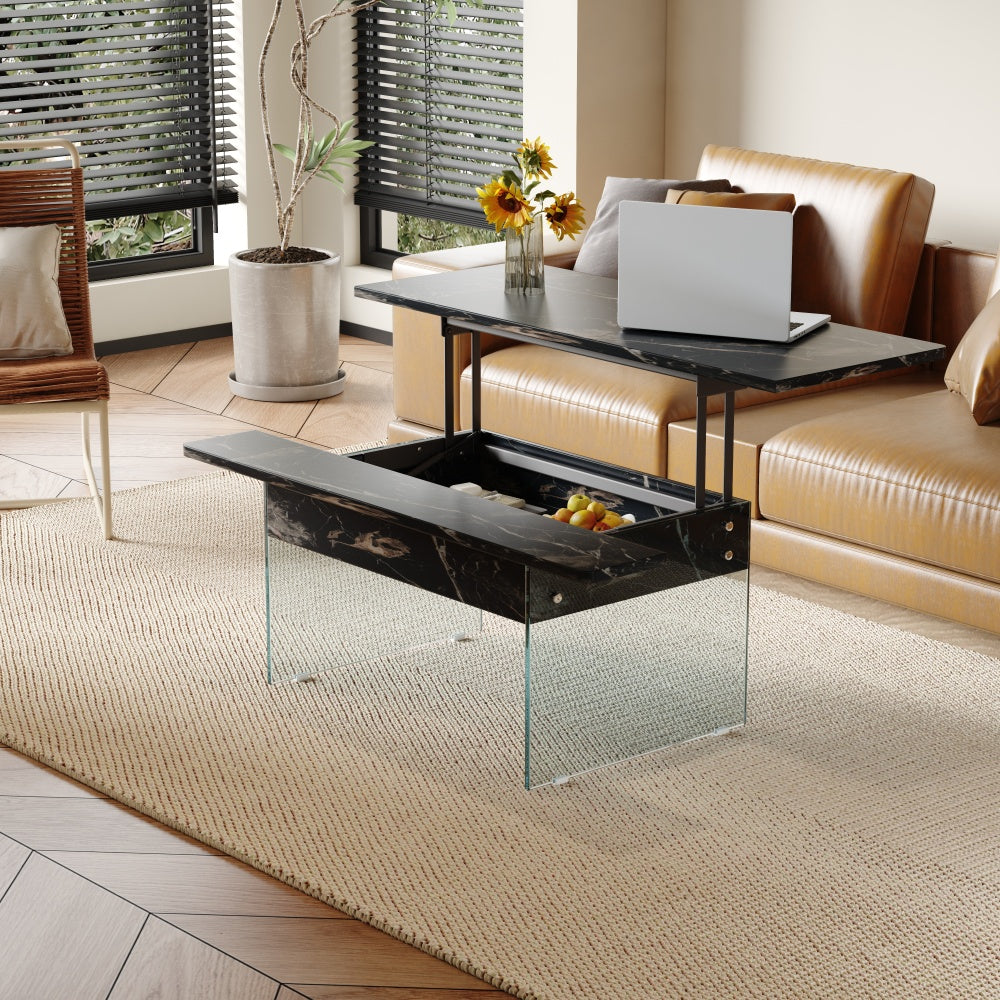 Multifunctional Lift Top Coffee Table -Light Wood Color Grain Sticker, Essential for Modern Homes.Tempered Glass Legs,Lift Top Feature.Perfectly Fitting Into Living Rooms And Office.