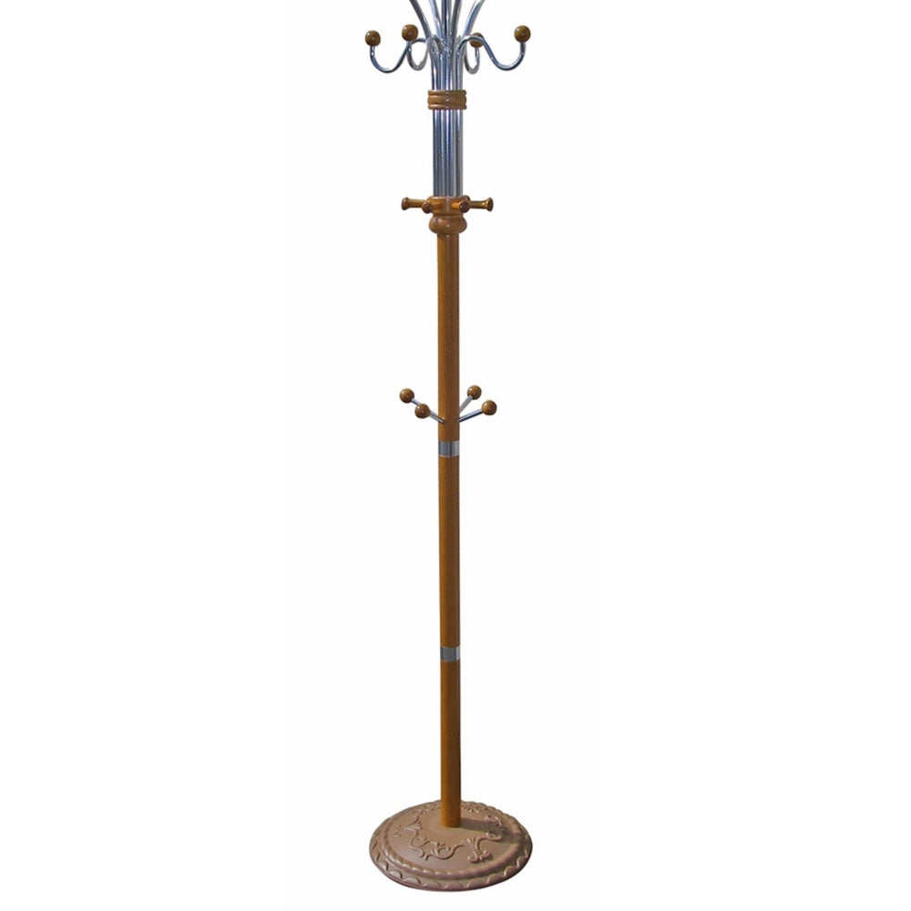 73" Tall Chrome and Wood Coat Rack, Oak finish