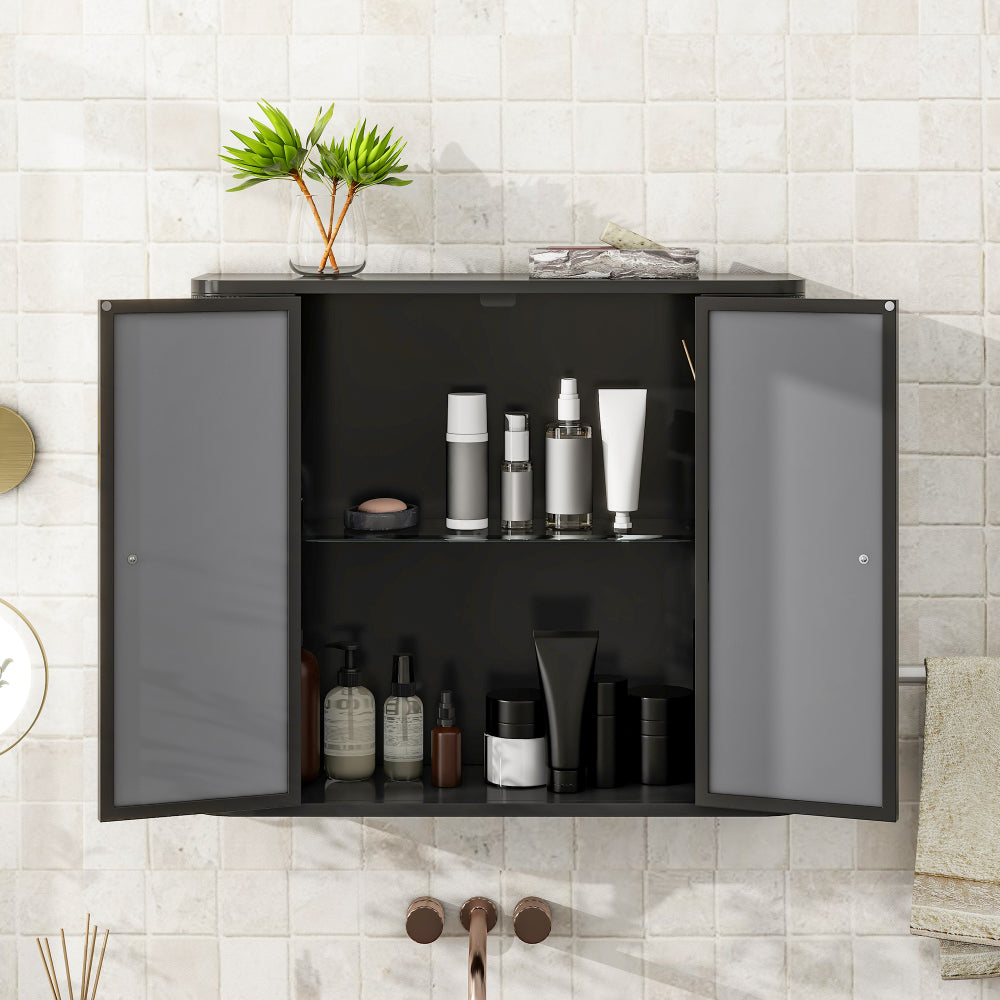 Black Wall-Mounted Bathroom Cabinet with Mirror, 2 Mirrored Doors & Open Shelf, Farmhouse Metal Frame Storage Cabinet with Open Compartment for Vanity, Toilet & Over-the-Sink