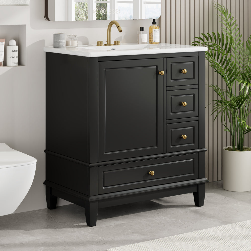 30" Bathroom Vanity with Sink, One Door with Shelf and Three Drawers, Soft Close Door, Black
