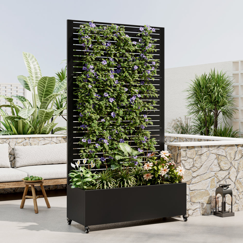 Metal Planter Box with Trellis Raised Garden Bed  with 4 wheelsTrellis & Privacy Screen for Climbing Plants, Vegetables, Vines