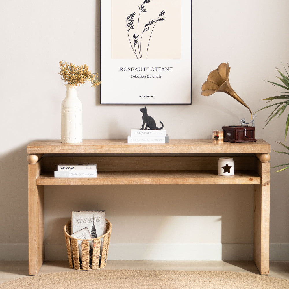 Rustic Wooden Console Table with Drawer – Minimalist Design, Ribbed Texture, and Natural Finish