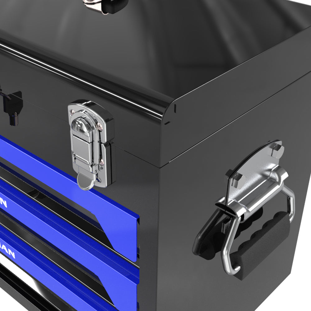 20'' Portable 3-Drawer Steel Toolbox, 4 Layers of Tools with Metal Latches, with Top Storage Tray and carrying Handle, Multi-Function Tool Storage for Garage, Home, or Workbench ,Black&Blue