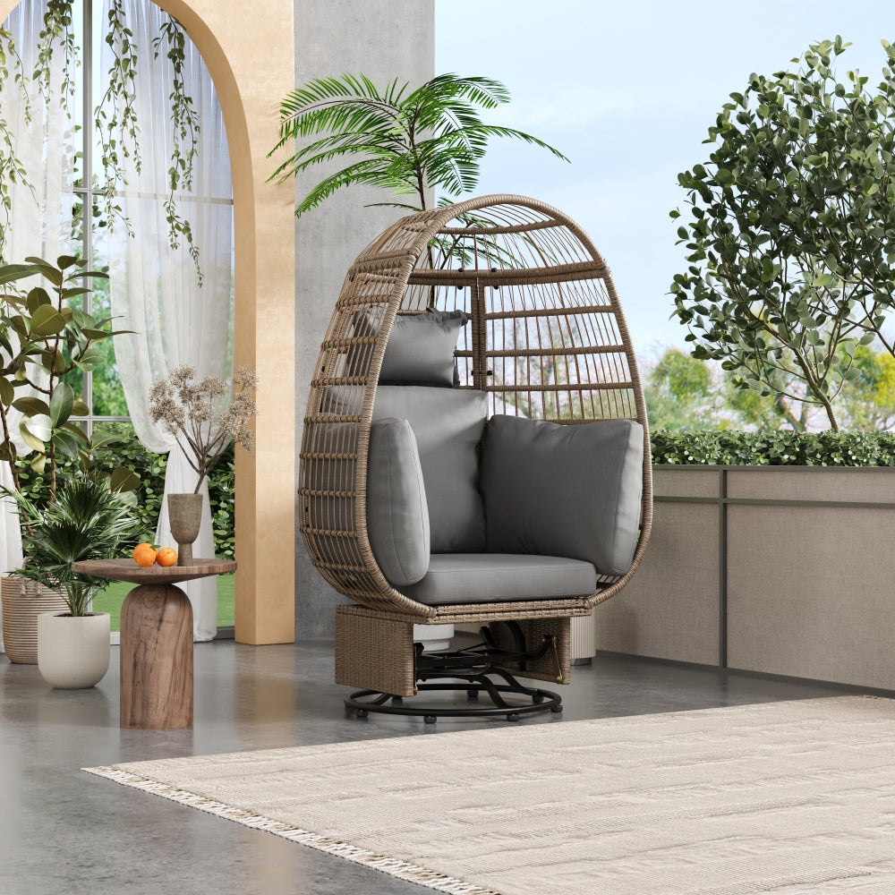 TREXM Outdoor Swivel Chair with Cushions, Rattan Egg Patio Chair with Rocking Function for Balcony, Poolside and Garden (Natural Wicker + Beige Cushion)